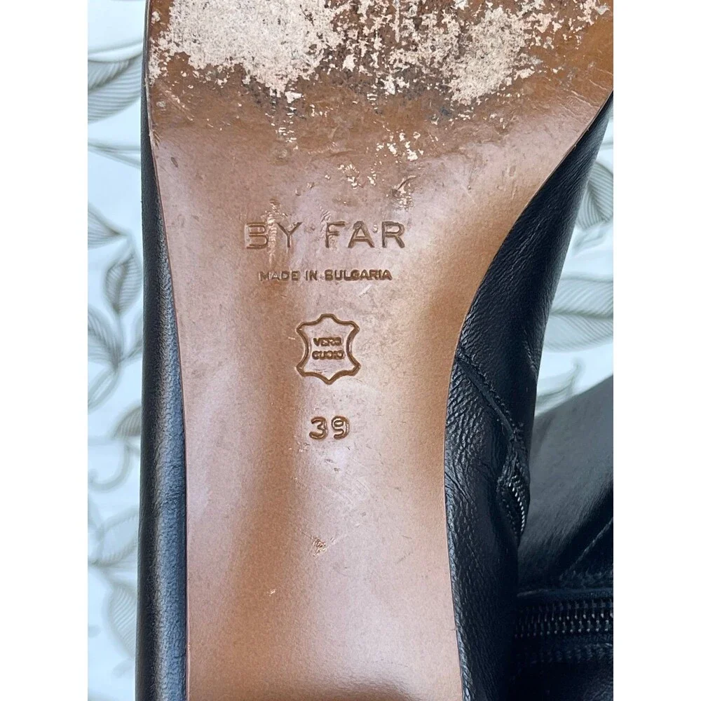 BY FAR Black Leather Boots 39 Minimalist Low Heel Square Toe Zip Ankle Boot